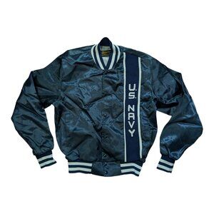 Vtg Swingster Mens Navy Satin Bomber Jacket U S Navy USA Made Size S Annapolis